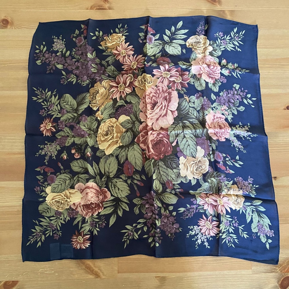 Talbots Navy Blue Floral Print 100% Silk Square Scarf Made in Japan Small